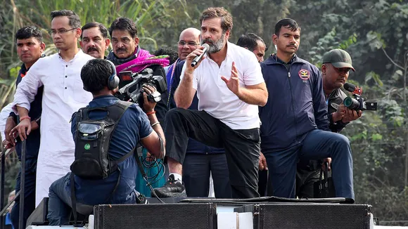 Congress leader Rahul Gandhi addresses supporters during the Bharat Jodo Nyay Yatra, in Guwahati