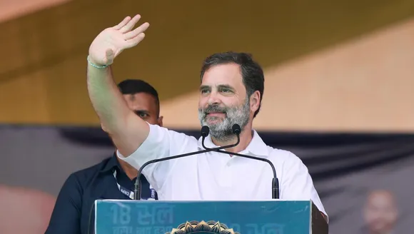 Congress leader Rahul Gandhi addresses during a public meeting, in Shajapur district, Madhya Pradesh, Saturday