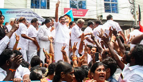 All India Anna Dravida Munnetra Kazhagam (AIADMK) General Secretary Edappadi K. Palaniswami with senior leaders during the party's rally against Tamil Nadu government, in Chennai