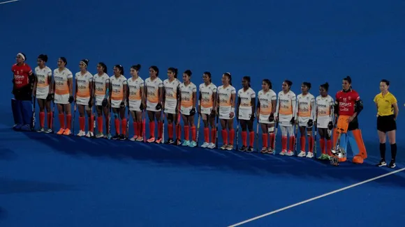 The Indian women’s team lines up before its match against Netherlands during the Women’s FIH Pro League at the Kalinga stadium in Bhubaneswar. 