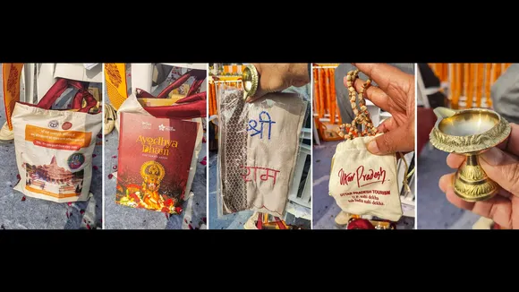 A bag featuring an image of Ayodhya's Ram temple which contained a book on Ayodhya, a scarf bearing the name of Lord Ram', a special 'mala' and a metal 'diya', all of which were gifted to the guests who attended the 'Pran Pratishtha' ceremony of Ayodhya's Ram temple, in Ayodhya, Monday, Jan. 22, 2024