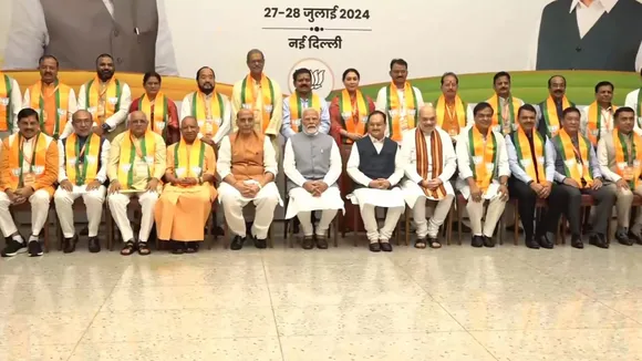 Prime Minister Narendra Modi with Defence Minister Rajnath Singh, Union Home Minister Amit Shah, Union Minister and BJP National President J.P. Nadda and others during a meeting with Chief Ministers of the NDA-ruled states, at BJP headquarters, in New Delhi, Sunday, July 28, 2024.