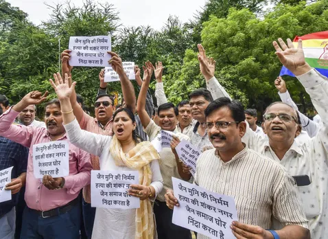 new delhi jain community people stage a protest against killing of a jain monk.jpg