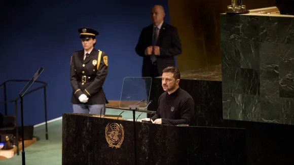 Ukrainian President Volodymyr Zelenskyy addresses United Nations General Assembly in New York on Wednesday, Sept 25, 2024.
