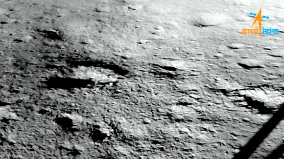 Lander Imager Camera of ISRO’s Chandrayaan-3 captures a portion of its landing site on the surface of the Moon after its successful descent, in Bengaluru, Wednesday, Aug. 23, 2023.