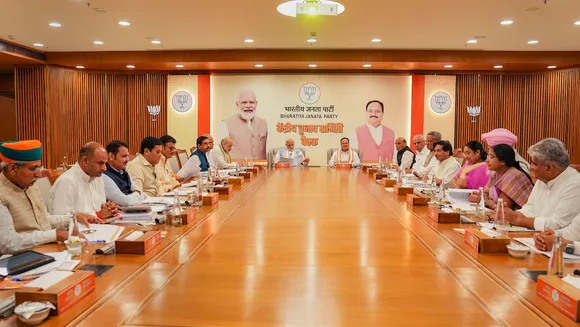 Narendra Modi with BJP National President J.P. Nadda, Union Home Minister Amit Shah, Defence Minister Rajnath Singh, senior BJP leader B.S. Yediyurappa and others during the BJP's Central Election Committee meeting at BJP headquarters, in New Delhi, Sunday, Oct. 1,