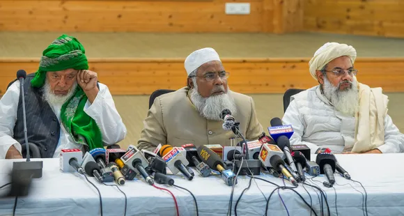 All India Muslim Personal Law Board President Moulana Khalid Saifullah Rahmani with Jamiat Ulama-i-Hind President Mahmood Asad Madani during a press conference of Muslim leaders, in New Delhi, Friday, Feb. 2, 2024.