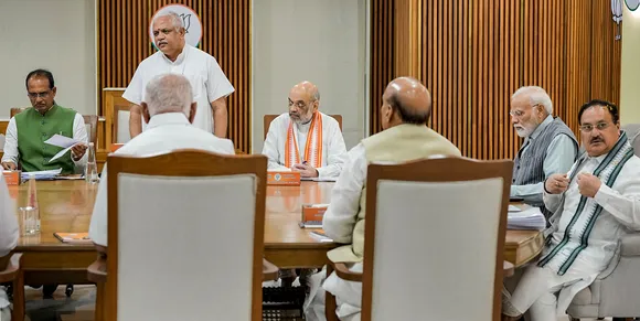 Prime Minister Narendra Modi with Home Minister Amit Shah, Defence Minister Rajnath Singh, BJP National President JP Nadda, Madhya Pradesh Chief Minister Shivraj Singh Chouhan, party’s National General Secretary B L Santhosh and others during the party’s central election committee meeting for the upcoming assembly elections in Madhya Pradesh and Rajasthan, at the party headquarters, in New Delhi, Wednesday, Sept. 13, 2023