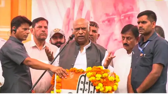 Congress President Mallikarjun Kharge addresses a public meeting amid ongoing Jammu and Kashmir Assembly polls, in Jasrota.