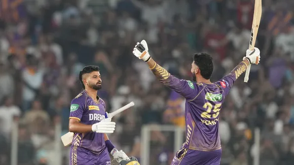 Kolkata Knight Riders captain Shreyas Iyer and Venkatesh Iyer celebrate their victory against Sunrisers Hyderabad at the Narendra Modi Stadium, in Ahmedabad, Tuesday, May 21, 2024.