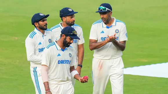 Jasprit Bumrah with teammates, who took 6 wickets, at the end of the first innings of England during the second day of the second Test cricket match between India and England, at Dr. Y.S. Rajasekhara Reddy ACA-VDCA Cricket Stadium, in Visakhapatnam, Saturday, Feb. 3, 2024.