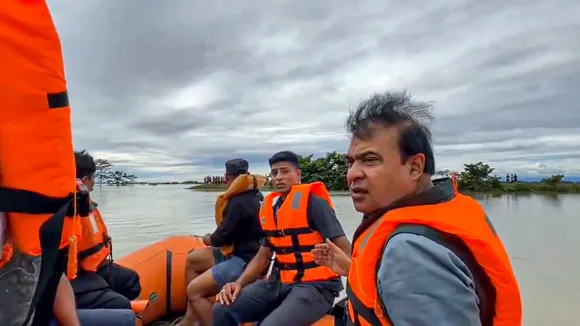 Assam Chief Minister Himanta Biswa Sarma inspects the flood affected areas of Bokakhat, in Golaghat district, Assam, Tuesday, July 2, 2024.
