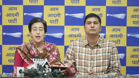 Senior AAP leaders and Delhi Ministers Atishi and Saurabh Bharadwaj  in a press conference