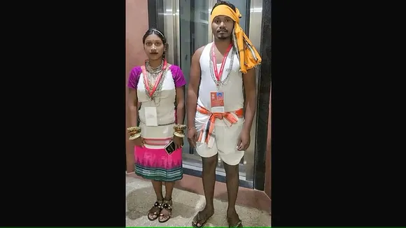 Birendra Maji and Hiramani Jani from Kotia Kondh tribe from Odisha arrive in the national capital to attend the Republic Day 2024 function as special guests, in New Delhi