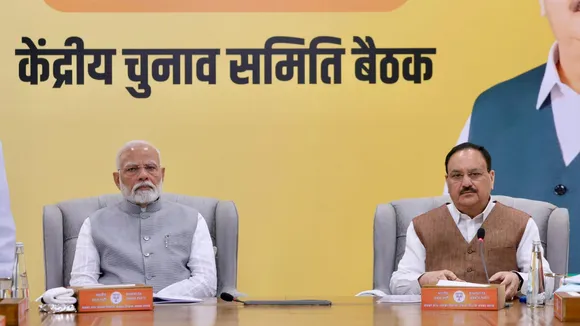 Prime Minister Narendra Modi with BJP National President JP Nadda during the BJP Central Election Committee meeting ahead of J&K and Haryana assembly polls, at BJP HQ in New Delhi, Sunday, Aug. 25, 2024.