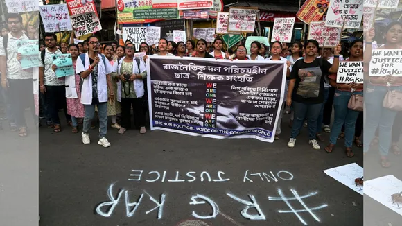 People protest against the recent alleged rape and murder of a trainee doctor at RG Kar Medical College and Hospital, in Kolkata, Saturday, Aug. 17, 2024.
