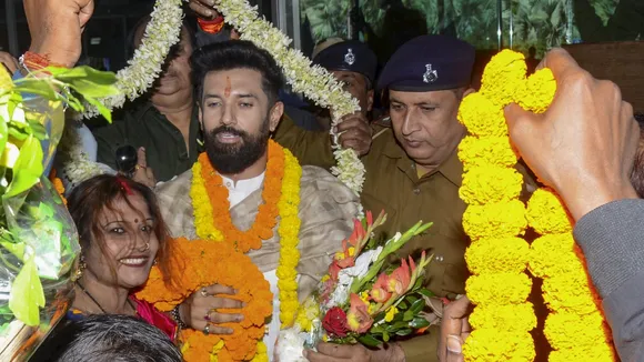 Lok Janshakti Party (Ram Vilas) Chief Chirag Paswan being garlanded upon his arrival at the Birsa Munda Airport, in Ranchi