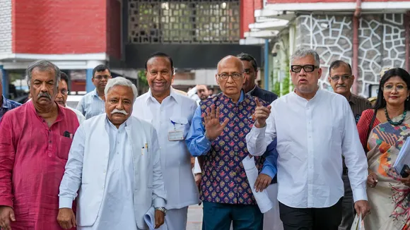 Congress leader Abhishek Manu Singhvi, TMC leader Derek O'Brien, Jharkhand Mukti Morcha (JMM) leader Mahua Maji, DMK leader TR Baalu and other members of the INDIA bloc delegation leaves after a meeting with the Election Commission of India (ECI) at Nirvachan Sadan, in New Delhi, Friday, May 10, 2024