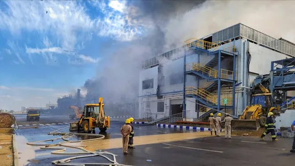 Smoke billows out after a fire broke out at a chemical godown of the electronics component factory of Tata Electronics Pvt Ltd, in Hosur, Tamil Nadu, Saturday, Sept. 28, 2024.