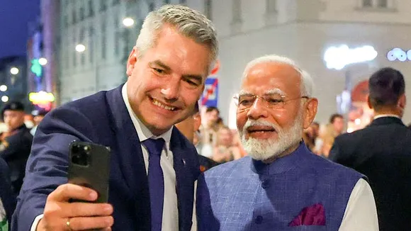 Prime Minister Narendra Modi with Austrian Chancellor Karl Nehammer upon the former's arrival in Vienna.