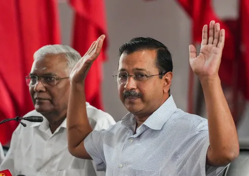 Delhi Chief Minister and AAP Convener Arvind Kejriwal meets Communist Party of India (CPI) General Secretary D. Raja