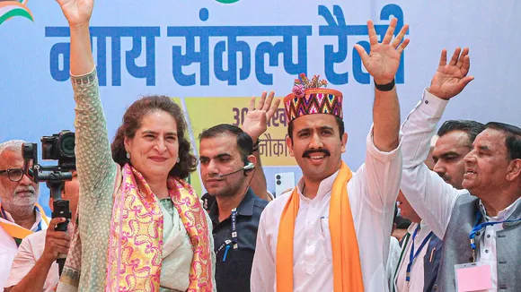 Congress leader Priyanka Gandhi Vadra during a public meeting in support of party candidate Vikramaditya Singh for Lok Sabha elections, in Kullu, Himachal Pradesh, Wednesday, May 29, 2024