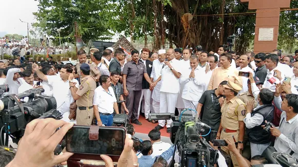 NCP Chief Sharad Pawar addresses supporters after paying tribute to former Maharashtra chief minister Yashwantrao Chavan, in Karad