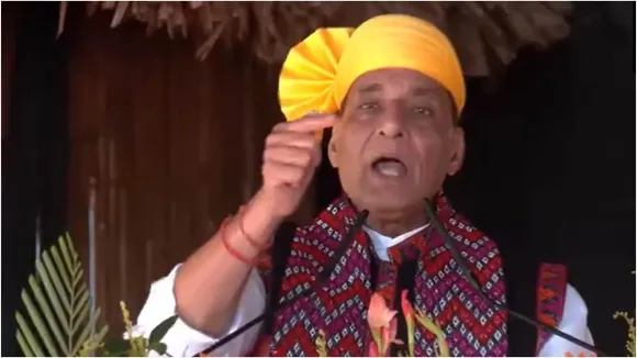 Defence Minister Rajnath Singh addressing public rally at Namsai in Arunachal Pradesh East Constituency
