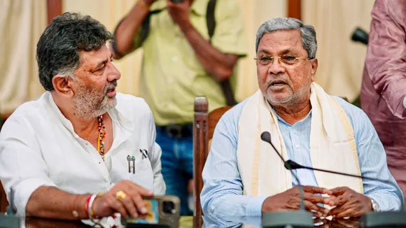 Karnataka Chief Minister Siddaramaiah and Deputy Chief Minister D K Shivakumar during the Congress Legislative Party meeting at Vidhana Soudha, in Bengaluru, Thursday, Aug. 22, 2024.