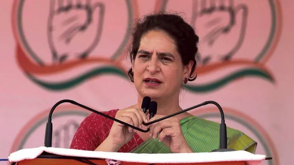 Congress leader Priyanka Gandhi during a public meeting for Lok Sabha elections, in Kanker district, Sunday, April 21, 2024