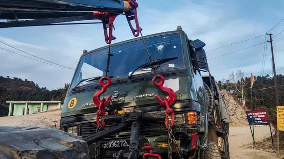A damaged Army vehicle after an attack by terrorists on Thursday, in Poonch district