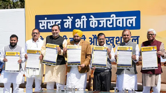 Delhi Chief Minister Arvind Kejriwal and Punjab Chief Minister Bhagwant Mann during a press conference ahead of the Lok Sabha polls, in New Delhi