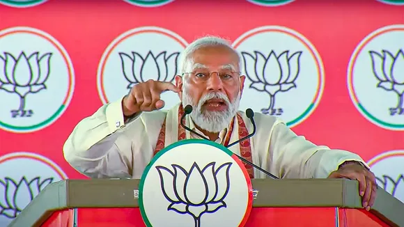 Prime Minister Narendra Modi speaks during a public meeting ahead of Lok Sabha elections, at Mettupalayam in Coimbatore district, Wednesday, April 10, 2024