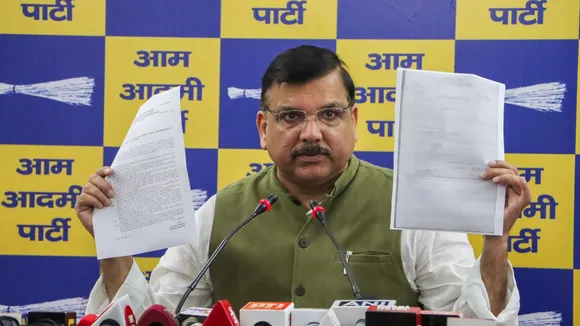 Senior AAP leader Sanjay Singh addresses a press conference, in New Delhi, Wednesday, Oct. 9, 2024.