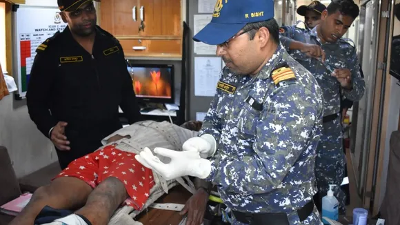 The Coast Guard’s Guard Ship C-409 evacuates a 37-year-old fisherman 50 Km from the coast in Gulf of Khambat in Arabian Sea on Wednesday 
