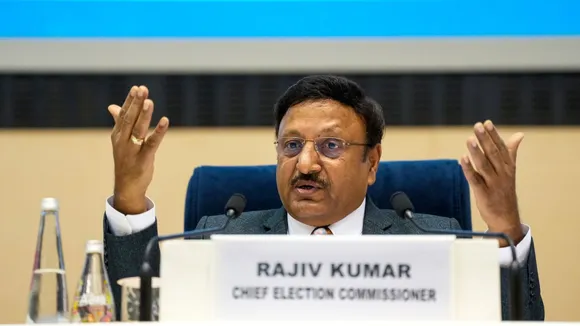 Chief Election Commissioner Rajiv Kumar speaks during a press conference for the announcement of the schedule of elections to the Legislative Assemblies of Jharkhand and Maharashtra, in New Delhi, Tuesday, Oct. 15, 2024.