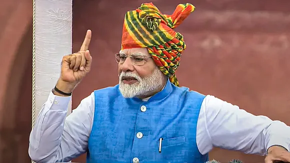 Prime Minister Narendra Modi addresses the nation from the Red Fort on 78th Independence Day, in New Delhi, Thursday, Aug. 15, 2024.