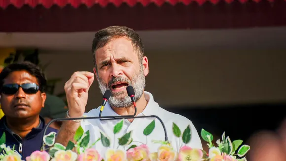 Congress leader Rahul Gandhi addresses a public meeting during the ‘Bharat Jodo Nyay Yatra’