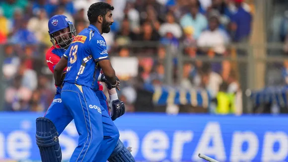Delhi Capitals' Prithvi Shaw and Mumbai Indians' Jasprit Bumrah in action during the Indian Premier League (IPL) cricket match between Delhi Capitals and Mumbai Indians, at Wankhede Staduim, in Mumbai, Sunday, April 7, 2024.