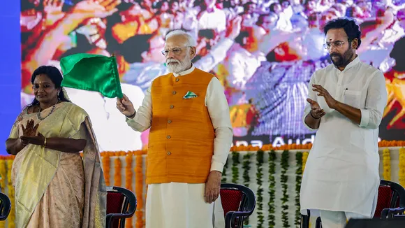 Prime Minister Narendra Modi with Telangana Governor Tamilisai Soundararajan, Union Minister and Telangana BJP President G. Kishan Reddy and BJP MP Bandi Sanjay Kumar during the foundation stone laying ceremony of various developmental projects, in Mahabubnagar district, Sunday, Oct. 1, 2023.