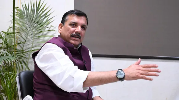 Aam Aadmi Party MP Sanjay Singh addresses the press in New Delhi on April 6, 2024