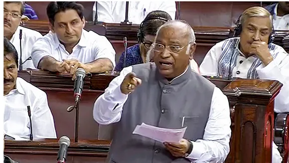 Leader of Opposition in Rajya Sabha Mallikarjun Kharge speaks in the House during a special session of Parliament, in New Delhi