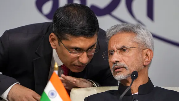 External Affairs Minister S Jaishankar interacts with MEA Spokesperson Arindam Bagchi during a press conference at the G20 Summit, in New Delhi, Saturday, Sept. 9, 2023