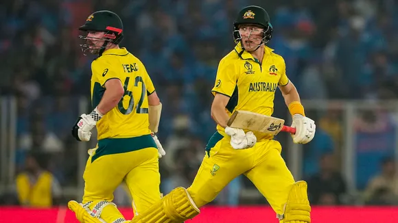 Marnus Labuschagne and Travis Head run between the wickets during the ICC Men’s Cricket World Cup 2023 final match between India and Australia, at the Narendra Modi Stadium, in Ahmedabad, Sunday, Nov. 19, 2023