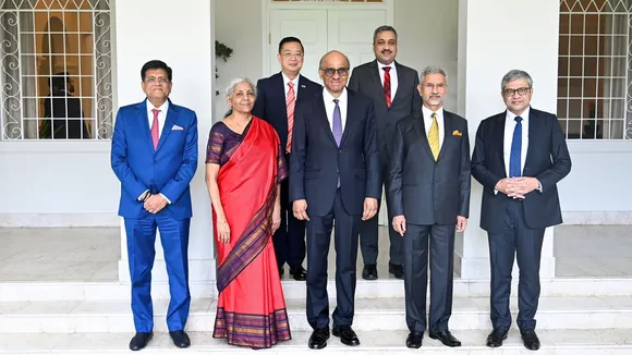 Union Ministers S. Jaishankar, Nirmala Sitharaman, Piyush Goyal and Ashwini Vaishnaw and others during a meeting with the President of Singapore Tharman Shanmugaratnam, in Singapore.
