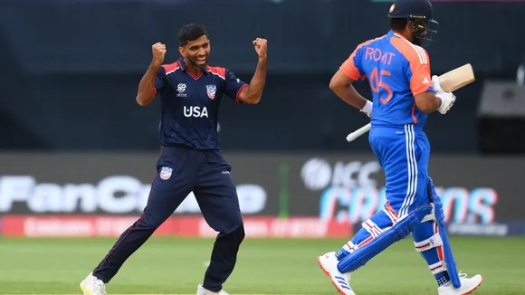USA's Saurabh Netravalkar celebrates after taking wicket of Rohit Sharma against India in T20 World Cup 2024, in New York