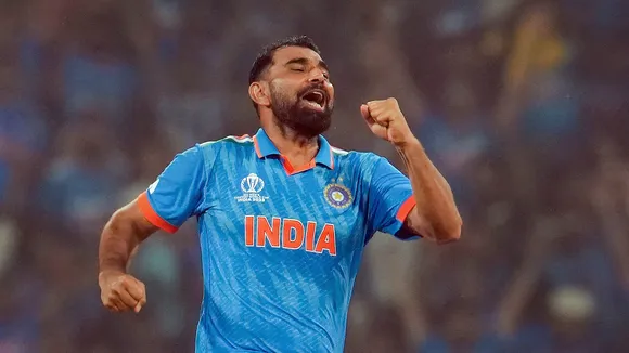 Mohammed Shami celebrates the wicket of England's Moeen Ali during the ICC Men's Cricket World Cup 2023 match between India and England, at Bharat Ratna Shri Atal Bihari Vajpayee Ekana Cricket Stadium, in Lucknow, Sunday Oct. 29, 2023.