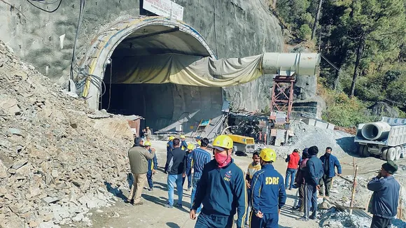 Rescue operation underway after a portion of a tunnel under construction between Silkyara and Dandalgaon on the Brahmakhal-Yamunotri national highway collapsed, in Uttarkashi district, Sunday, Nov. 12, 2023. Around 40 workers are feared trapped.
