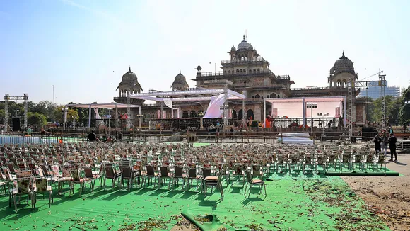 Preparations underway for the swearing-in ceremony of Rajasthan Chief Minister-designate Bhajan Lal Sharma, in Jaipur, Thursday, Dec. 14, 2023. Prime Minister Narendra Modi is also expected to attend the ceremony on Friday.