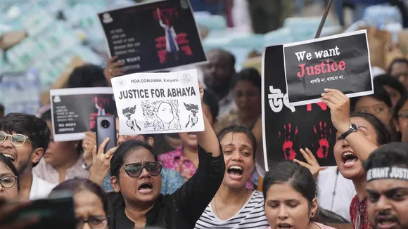 Junior doctors during their second day of ‘dharna’ over the R.G. Kar Hospital rape and murder incident, near Swasthya Bhawan, in Kolkata on Wednesday